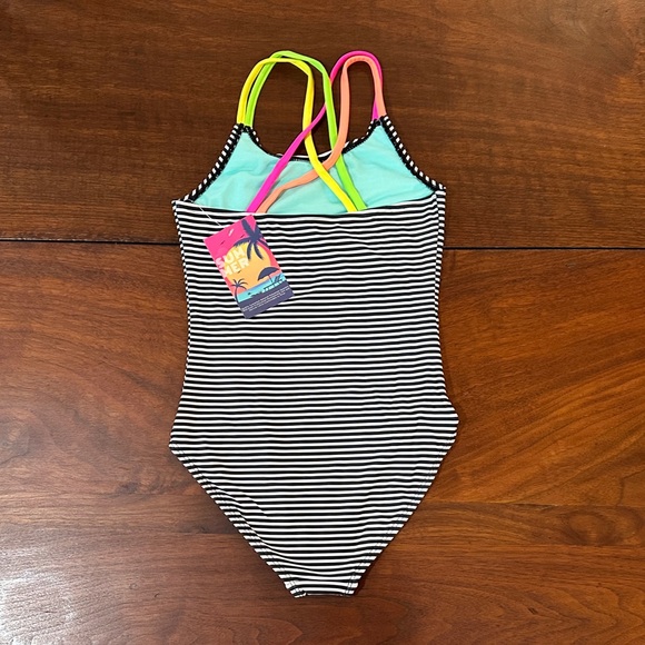 Girls Size 10 Colorful Fish Scales Print Heart Criss Cross Strap 1Piece Swimsuit - Picture 6 of 10